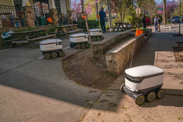 A Starship Technologies robot returns back to Broad Branch Market after delivering food to residents in Washington, DC on Thursday, April 9, 2020. Broad Branch Market has closed their store due to COVID 19 and operating with phone-in orders, purchasing small items at the window and using Starship Technologies for robotic deliveries of food to the neighborhood. (Photo by Ken Cedeno/ZUMA Wire/Rex Features/Shutterstock)