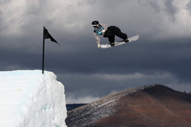 Eli Bouchard of Canada competes in the Men's Snowboard Big Air Qualifications during the Toyota US Grand Prix at Buttermilk Ski Resort on February 05, 2025 in Aspen, Colorado. (Photo by Maddie Meyer/Getty Images)