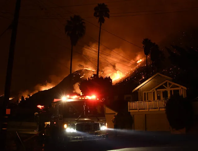 Firefighters battle a Santa Ana wind-driven brush fire called the Thomas fire that exploded to 31,000 acres with zero percent containment overnight Monday into early Tuesday morning, according to Ventura County fire officials in Calif., on December 4, 2017. (Photo by Gene Blevins via ZUMA Wire)