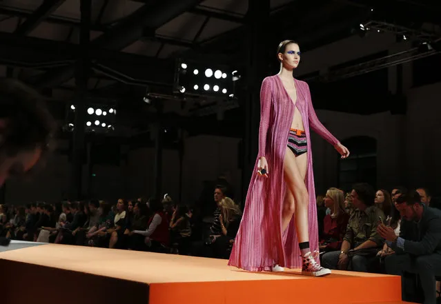 A model wears a creation for Missoni women's Spring-Summer 2016 collection, part of the Milan Fashion Week, unveiled in Milan, Italy, Sunday, September 27, 2015. (Photo by Luca Bruno/AP Photo)