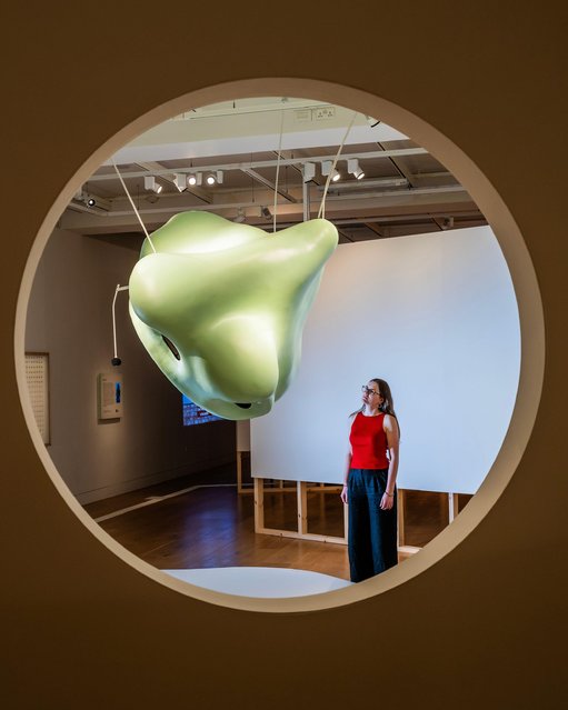 Look Up My Nose, 2025, a large hanging fibreglass sculpture in London on April 16, 2025 modelled on the noses of Melville and Alexander Graham Bell, influential figures in Deaf history who advocated for the suppression of sign language in 1880. (Phoot by Guy Bell/Alamy Live News)