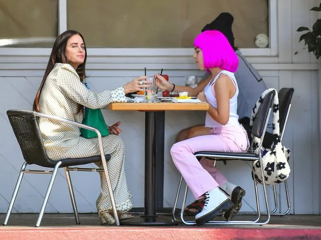 Kyle Richard's daughter stands out with a purple wig as they step out for brunch in Beverly Hills on October 20, 2020. Kyle and her daughter Portia blended right in even though with the purple wig. 20 Oct 2020 Pictured: Kyle Richard and Portia Umansky. (Photo by Snorlax/The Mega Agency)