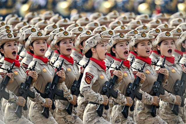 Chinese female troops march during a military parade marking the 80th anniversary of victory over Japan and the end of World War II, in Beijing's Tiananmen Square on September 3, 2025. (Photo by Pedro Pardo/AFP Photo)