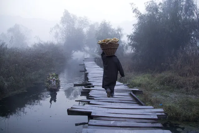 A Kashmiri Muslim man carries fresh bread in a basket as he walks on a foot bridge as a woman rows a boat carrying fodder for the cattle on the Dal Lake on a cold and foggy morning in Srinagar, Indian controlled Kashmir, Wednesday, October 28, 2015. The Indian-controlled Kashmir region is experiencing cold conditions after the Himalayan mountains received snowfall in the past few days. (Photo by Dar Yasin/AP Photo)