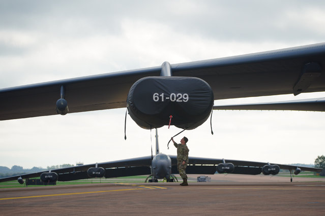 American aircrews check a B-52 Stratofortress long-range subsonic bomber aircraft on the pan at RAF Fairford on Friday, September 19, 2025, during a media demonstration for the Royal Air Force's Exercise Cobra Warrior, a high intensity simulated war fighting scenario, at RAF Fairford in Gloucestershire. Forces from Canada, Germany, Italy, and the United States are participating in the intensive air combat training which is hosted by the Royal Air Force twice a year with Nato allies and partner nations. (Photo by Ben Birchall/PA Images via Getty Images)