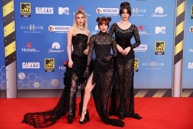 Daniela, Paulina and Alejandra Villarreal Velez of Mexican rock band The Warning pose on the red carpet for the 2024 MTV Europe Music Awards at Manchester Co-op Live in Manchester, Britain, on November 10, 2024. (Photo by Mina Kim/Reuters)