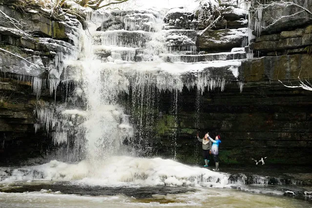 A frozen Summerhill Force waterfall at Bowlees in Teesdale, United Kingdom on January 9, 2021. (Photo by Owen Humphreys/PA Images via Getty Images)