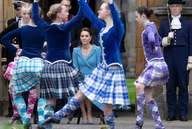 Catherine, Duchess of Cambridge watches Highland dancers perform during a Beating of the Retreat at the Palace of Holyroodhouse on May 27, 2021 in Edinburgh, Scotland. (Photo by Jane Barlow-WPA Pool/Getty Images)
