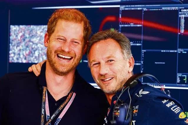 Red Bull Racing Team Principal Christian Horner talks with Prince Harry, Duke of Sussex in the garage prior to the F1 Grand Prix of United States at Circuit of The Americas on October 22, 2023 in Austin, Texas. (Photo by Mark Thompson/Getty Images)