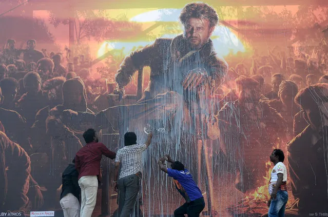 Indian fans spray milk on a billboard displaying the picture of Bollywood star Rajinikanth, in a celebratory gesture intended to bless their favourite film star's new movie, before attending the show of the new Tamil-language film “Pettai” in Chennai on January 10, 2019. Cow's milk is considered a purifying force for many in Hindu-majority India, where the animals are revered as holy, and is often used in religious ceremonies to bless statues of deities. (Photo by Arun Sankar/AFP Photo)