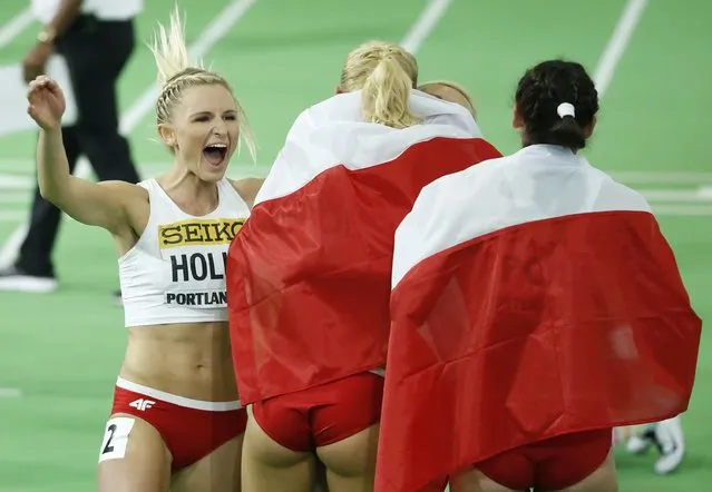 Poland's women's 4x400 relay team members celebrate after winning the silver medal during the IAAF World Indoor Athletics Championships in Portland, Oregon March 20, 2016. (Photo by Lucy Nicholson/Reuters)