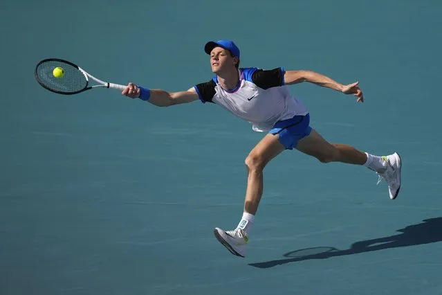 Jannik Sinner, of Italy, lunges for a ball from Christopher O'Connell, of Australia, in their men's fourth round match at the Miami Open tennis tournament, Tuesday, March 26, 2024, in Miami Gardens, Fla. (Photo by Rebecca Blackwell/AP Photo)