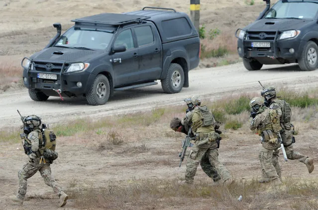 Soldiers lead a captive away during the NATO Noble Jump exercise on a training range near Swietoszow Zagan, Poland, Thursday, June 18, 2015. (AP Photo/Alik Keplicz)
