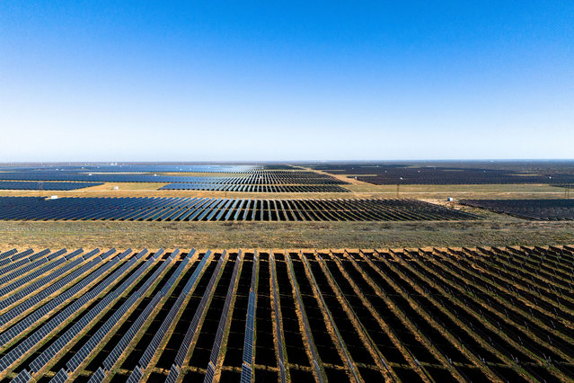 Aerial view of the Oberon Solar O&M farm on March 24, 2024 in Ector County, Texas. In 2023, Texas led the nation in solar installations on its power grid, surpassing California for its second consecutive year. The Lone Star state produced more than 6,500 megawatts of solar generation according to an analysis by Wood Mackenzie's yearly Solar Market report. In the fourth quarter of 2023, reports by the Solar Energy Industries Association revealed Texas to have invested more than $27 billion in solar energy.  (Photo by Brandon Bell/Getty Images)