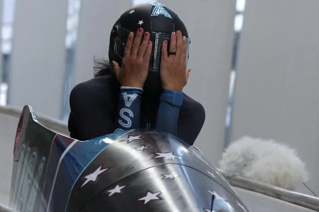 U.S. bobsleigh racer Elana Meyers Taylor gets emotional after her final monobob run at the Beijing Winter Olympics on Feb. 14, 2022, at the National Sliding Centre in the Yanqing competition zone. She took silver. (Photo by Edgar Su/Reuters)