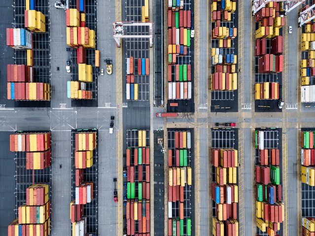 An image made with a drone shows shipping containers at the Seagirt Marine Terminal ahead of a likely strike by the International Longshoremen’s Association (ILA) over a new labor contract in Baltimore, Maryland, USA, 30 September 2024. The ILA strike, planned to go into effect 01 October, would shut down 36 ports up and down the US East and Gulf Coasts, and cause the biggest supply chain disruption since the Covid pandemic. (Photo by Jim Lo Scalzo/EPA)