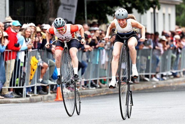 Tasmanian Pedals Riders taking part in the National Penny Farthing Championships on February 16, 2025, held annually in the village of Evandale in Tasmania. Started in 1983 and considered to be the world's most prestigious and by far the largest penny-farthing racing event. (Photo by Richard Crease/Bournemouth News)