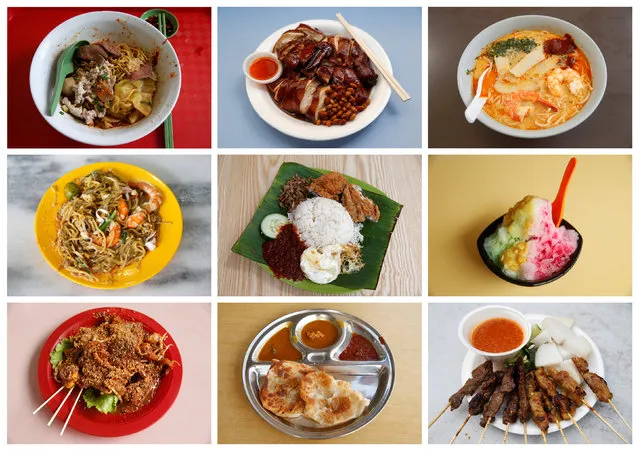 A combination photo shows various popular street foods under $6 from various hawker food stalls and eateries in Singapore, taken between July 28 to 31, 2016. Top row (L to R) bak chor mee, soya sauce chicken; Middle row (L to R) laksa, hokkien mee, nasi lemak, ice kachang; Bottom row (L to R) rojak, roti prata and satay. (Photo by Edgar Su/Reuters)