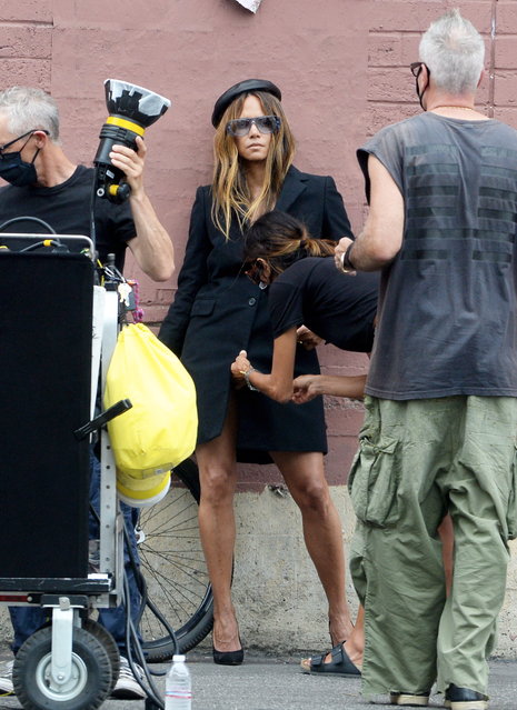 Halle Berry is pictured back at work at a photoshoot for Variety Magazine in downtown Los Angeles on August 17, 2020. The 54 year old actress wore a leather beret, black dress and matching heels. (Photo by TheImageDirect.com)