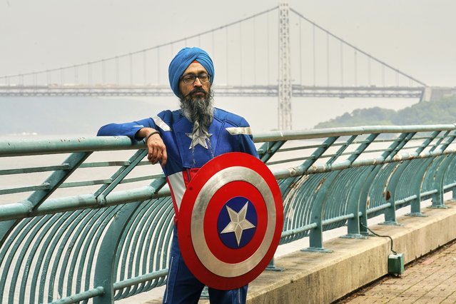 Vishavjit Singh, who educates youth about Sikhism through his Captain Sikh America character, poses for a portrait in costume in Riverbank State Park, in New York's Harlem neighborhood, Friday, May 30, 2025. (Photo by Richard Drew/AP Photo)