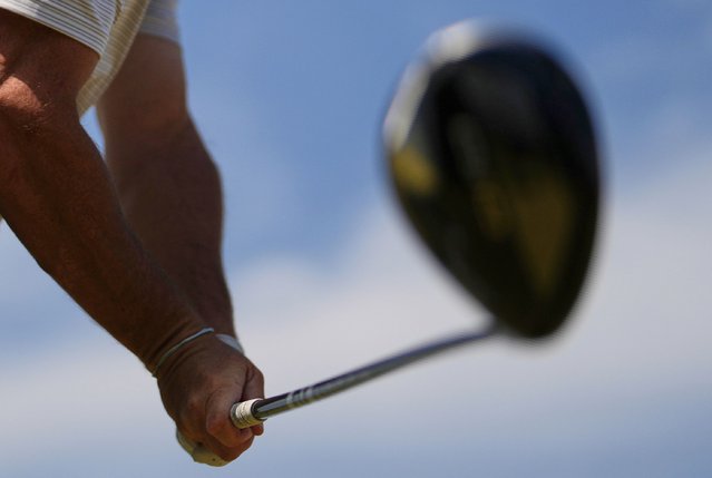 Rory McIlroy of Northern Ireland swings on the 7th tee during a practice round for the British Open golf championship at the Royal Portrush Golf Club, Northern Ireland, Wednesday, July 16, 2025. (Photo by Francisco Seco/AP Photo)