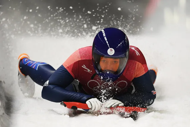 Lizzy Yarnold of Great Britain slides into the finish area during the Women's Skeleton heat one at Olympic Sliding Centre on February 16, 2018 in Pyeongchang-gun, South Korea. (Photo by Quinn Rooney/Getty Images)