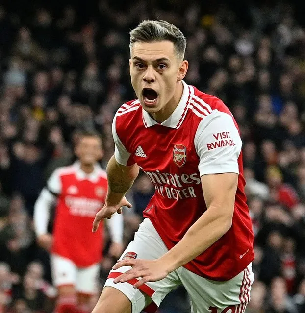 Arsenal's Belgian midfielder Leandro Trossard celebrates scoring the opening goal during the English Premier League football match between Arsenal and Brentford at the Emirates Stadium in London on February 11, 2023. (Photo by Justin Tallis/AFP Photo)