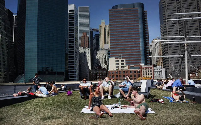 People relax along the East River in lower Manhattan during warm weather on April 9, 2013 in New York City. For the first time since October, temperatures are expected to rise above 70 degrees this week in New York and surrounding areas. (Photo by Spencer Platt/AFP Photo)