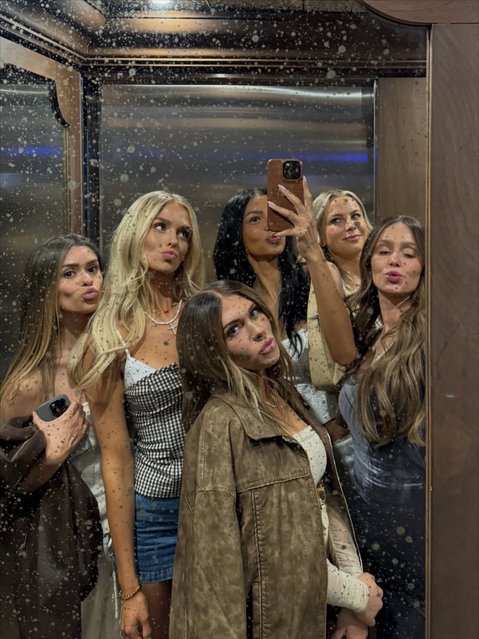 The cast of “The Secret Lives of Mormon Wives” crowd into an elevator in a silly snap while announcing season 4 on November 25, 2025. (Photo by laylaleannetaylor/Instagram)