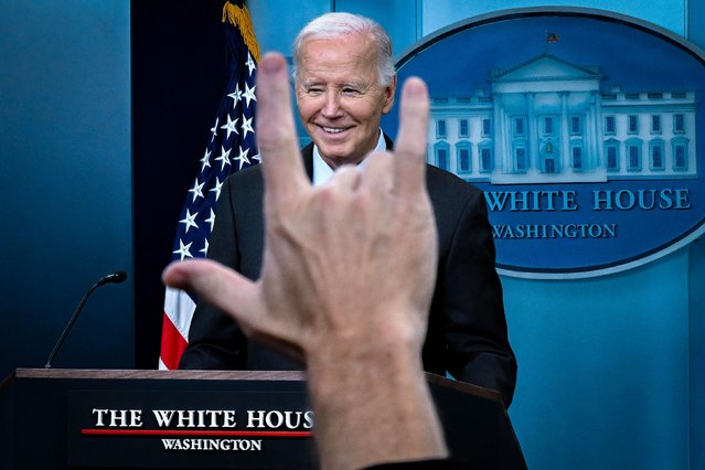 President Joe Biden takes questions as he makes a surprise appearance at the White House daily news briefing on Friday, October 4, 2024. (Photo by Kenny Holston/The New York Times/Redux)