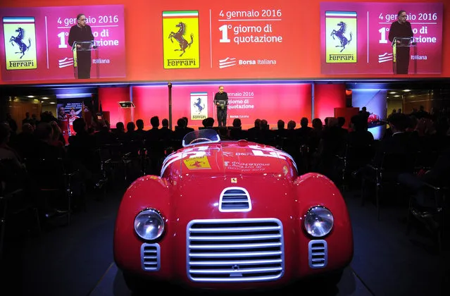 President of Ferrari Sergio Marchionne gives his speech at the stock exchange as the Ferrari luxury carmaker made its Milan stock market debut, in Milan, Italy, Monday, January 4 2016. The company famed for its Formula 1 racing machines and coveted red roadsters began trading Monday morning, the first business day of the year, at 43 euros ($47) under the RACE ticker. (Photo by Daniel Dal Zennaro/ANSA via AP Photo)