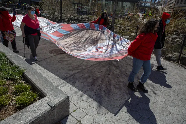 After a rally in Van der Donck Park, hunger strikers, workers and organisations calling for a $3.5bn excluded workers fund in the New York state budget marched towards city hall in New York, US on April 3, 2021. (Photo by Gina M. Randazzo/ZUMA Wire/Rex Features/Shutterstock)