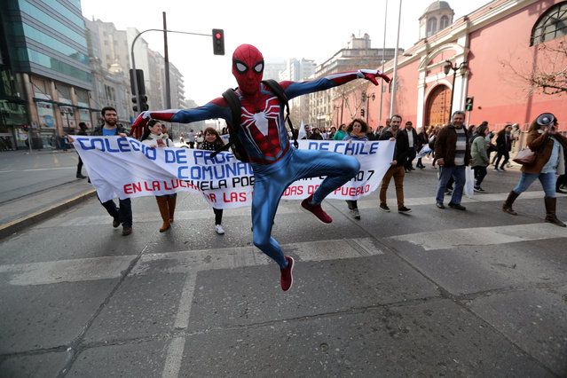 A demonstrator wearing a Spider-Man costume attends a teachers' march during a national strike demanding better working conditions in Santiago, Chile on August 28, 2018. (Photo by Ivan Alvarado/Reuters)