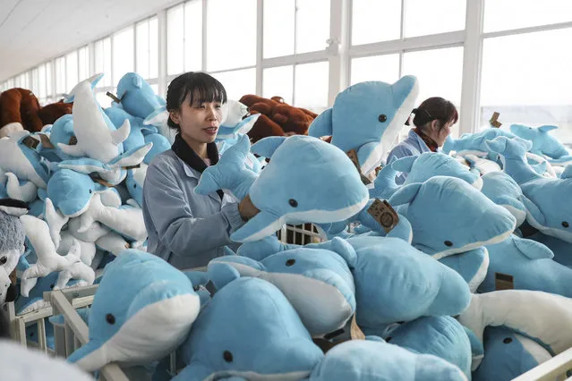 This photo taken on April 26, 2021 shows workers checking stuffed toys at a factory in Lianyungang, in China's eastern Jiangsu province. (Photo by AFP Photo/China Stringer Network)