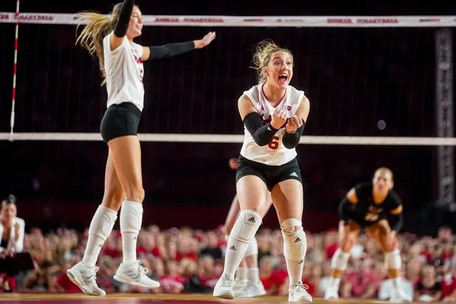 The Nebraska Cornhuskers celebrate the win against the Omaha Mavericks at Memorial Stadium on August 30, 2023 in Lincoln, Nebraska. (Photo by Dylan Widger/USA Today Sports)