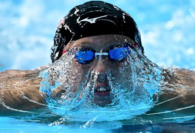 Jacob Foster, a US swimmer, in action during the men's 100m breaststroke final of the Pan-Am Games in Santiago, Chile on October 21, 2023. (Photo by Dylan Martinez/Reuters)