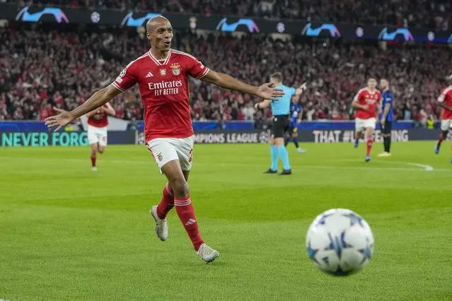 Benfica's Joao Mario celebrates after he scored his side's third goal during the Champions League group D soccer match between SL Benfica and Inter Milano at the Luz stadium in Lisbon, Wednesday, November 29, 2023. (Photo by Armando Franca/AP Photo)