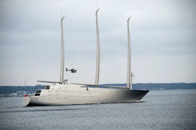 The 142.81 metre sail-assisted motor yacht “Sailing Yacht A” passes Elsinore, North Sealand, Denmark February 6, 2017. With masts of 90 meters, a huge swimming pool and eight storeys “Sailing Yacht A” is the world's largest sailing ship. The yacht, owned by Russian tycoon Andrey Melnichenko, was build in Kiel, Germany and is now passing through Denmark on its way to Kristiansand in Norway. (Photo by Keld Navntoft/Reuters/Scanpix Denmark)