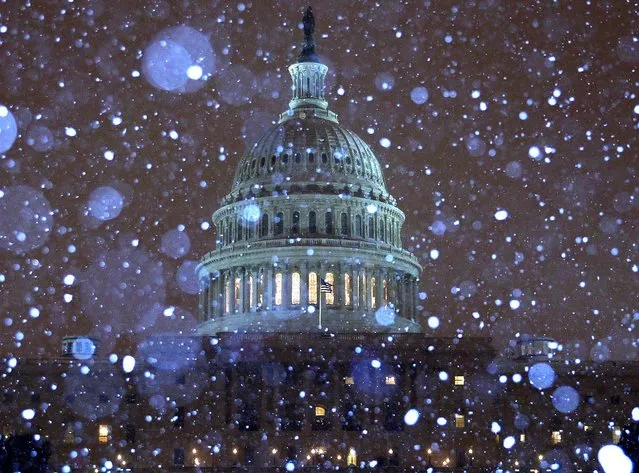 Snow falls in front of the U.S. Capitol building in Washington, DC. (Photo by Mark Wilson/Getty Images)
