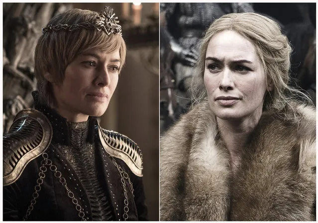 This combination photo of images released by HBO shows Lena Headey portraying Cersei Lannister in “Game of Thrones”. The final season of the popular series premieres on April 14. (Photo by HBO via AP Photo)