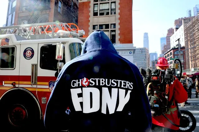 Ghostbusters Fans gather at the famous fire station FDNY Ladder 8 to celebrate the new movie Ghostbusters Frozen Empire in New York City, NY, USA on March 14, 2024. (Photo by Guerin Charles/ABACA Press/Rex Features/Shutterstock)