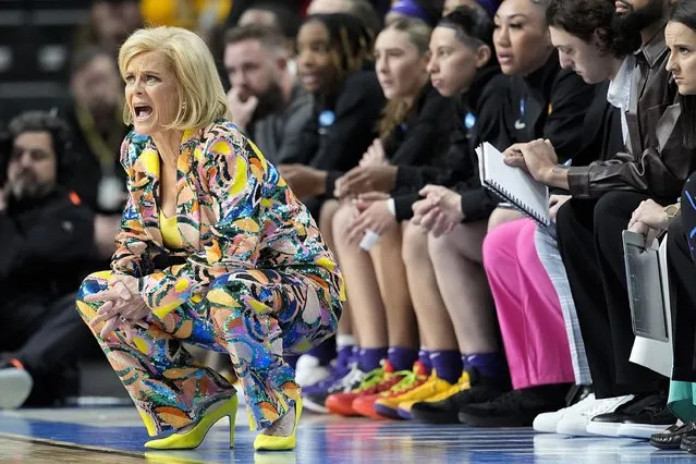 LSU head coach Kim Mulkey reacts during the first quarter of a Sweet Sixteen round college basketball game against the UCLA during the NCAA Tournament, Saturday, March 30, 2024, in Albany, N.Y. (Photo by Mary Altaffer/AP Photo)