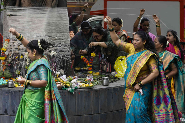 Women tie treads around a banyan tree as part of the rituals to mark Vat Purnima festival in Mumbai, India, Friday, June 21, 2024. (Photo by Rajanish Kakade/AP Photo)