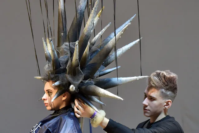 A hair stylist puts the final touches on his creation during a hair styling competition at the XV International “Crystal Angel” Festival of Hairdressing, Fashion and Design in Kiev on April 22, 2017. Participants from Ukraine, France, Italy, Greece, Belarus, Turkey and other countries are competing in the annual festival in the Ukrainian capital. (Photo by Sergei Supinsky/AFP Photo)