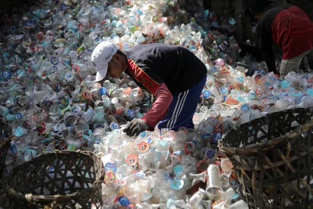 A worker sorts scrap plastic to be recycled at a recycling plant in Banda Aceh, Indonesia, 09 December 2019. According to media reports, Indonesia is the second-largest contributor to global plastic pollution, releasing an estimated 200,000 tons of plastic waste into its rivers and the world’s oceans. (Photo by Hotli Simanjuntak/EPA/EFE)