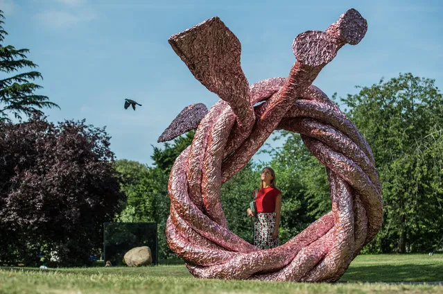 A member of staff poses next to a sculpture by John Chamberlain entitled “Fiddlersfortune” on July 4, 2017 in Regent's Park, London, England. The works form part of the Frieze Sculpture exhibition which will run from 5 July to 8 October 2017. (Photo by Carl Court/Getty Images)