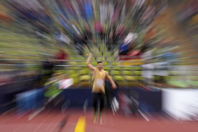 Andreas Hofmann, of Germany, makes an attempt in the Men's javelin throw qualification during the athletics competition in the Olympic Stadium at the European Championships in Munich, Germany, Friday, August 19, 2022. (Photo by Matthias Schrader/AP Photo)