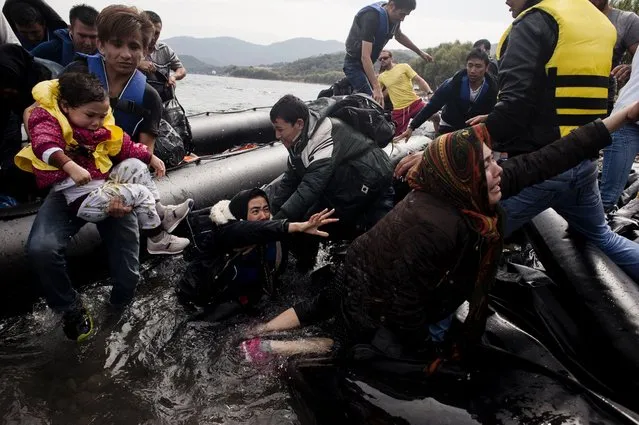 Migrants and refugees arrive on Sykamia beach, west of the port of Mytilene, on the Greek island of Lesbos after crossing the Aegean sea from Turkey on September 22, 2015. EU ministers neared a compromise on plans to relocate 120,000 refugees at emergency talks despite deep divisions over how to handle Europe's worst migration crisis since World War II. (Photo by Iakovos Hatzistavrou/AFP Photo)