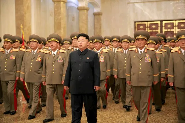 North Korean leader Kim Jong Un visits the Kumsusan Palace of the Sun where the statues of President Kim Il Sung and leader Kim Jong Il are standing during the 62nd anniversary of the end of the Korean War in this undated photo released by North Korea's Korean Central News Agency (KCNA) in Pyongyang July 27, 2015. (Photo by Reuters/KCNA)