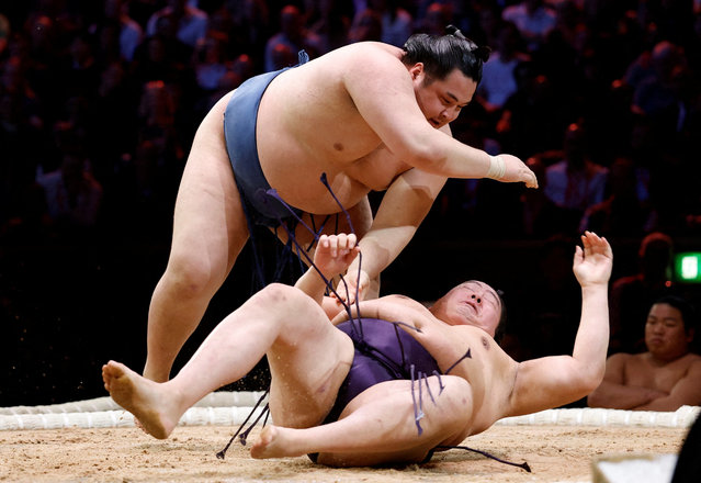 Onokatsu in action against Ichiyamamoto during the twelfth bout of the Grand Sumo Tournament at Royal Albert Hall in London on October 15, 2025. (Photo by Peter Cziborra/Action Images via Reuters)